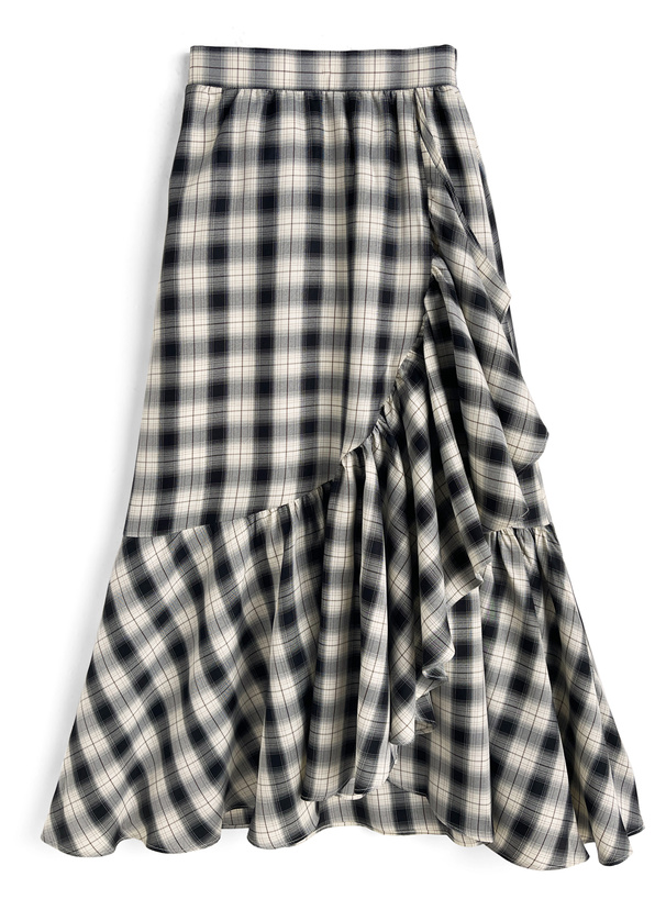 チェック柄アシンメトリーフリルスカート[nr386]