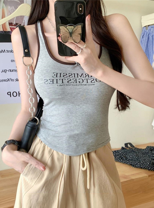 カップ付きロゴプリント配色パンピングタンクトップ
