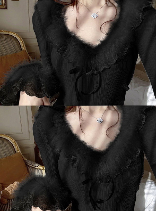 ファーレースフリルリブトップス