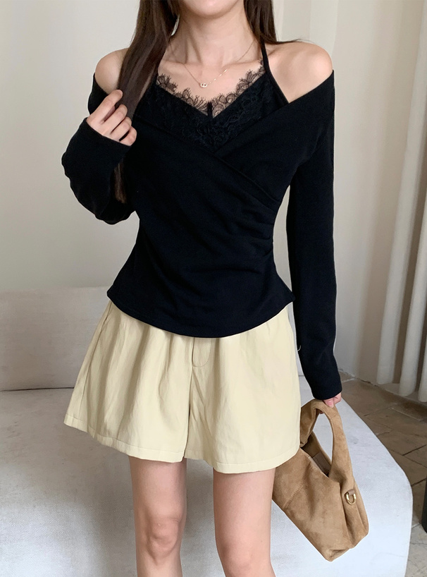 ホルターネックレイヤード風ドレープカシュクールトップス