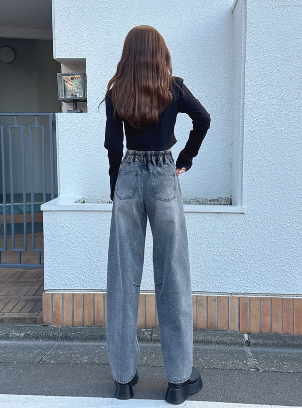ハイウエストデニムバレルレッグパンツ