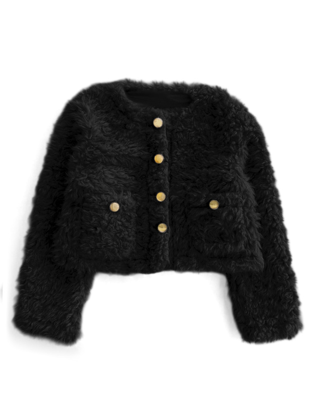 ファー付き黒ジャケット ハートボタン ファー付き黒ジャケット ハートボタン 愛され度100％】ビジューボタン