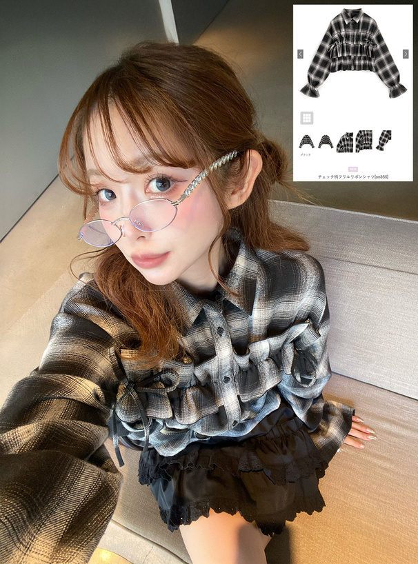 チェック柄フリルリボンシャツ