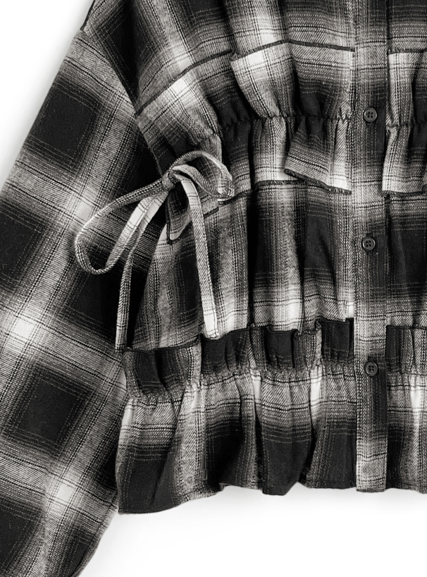 チェック柄フリルリボンシャツ
