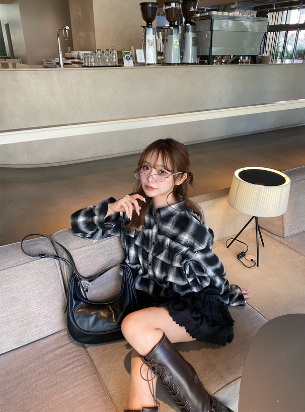 チェック柄フリルリボンシャツ