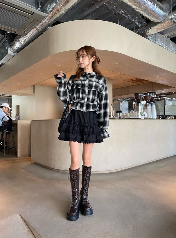 チェック柄フリルリボンシャツ