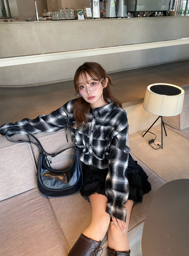 チェック柄フリルリボンシャツ