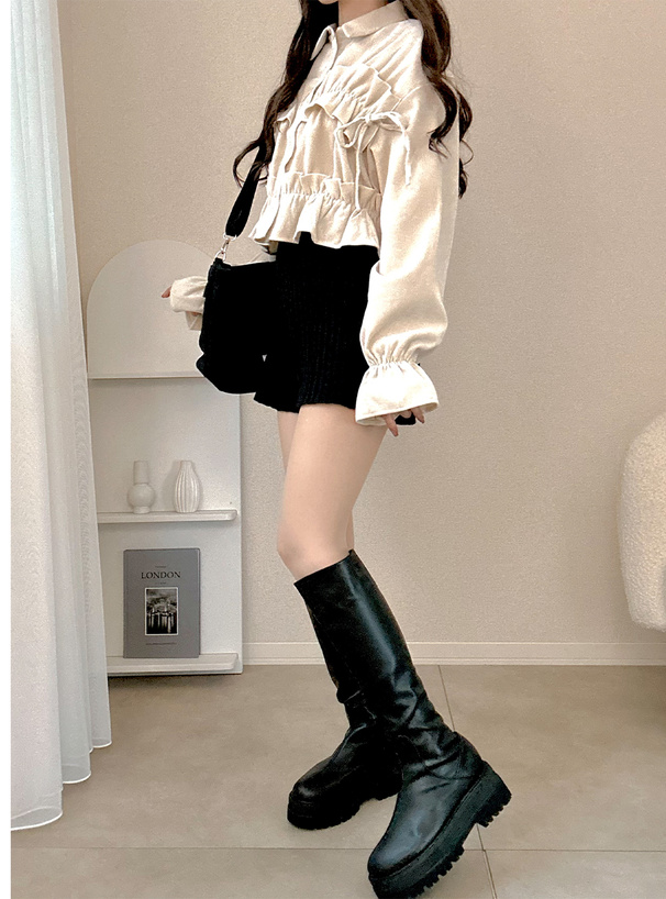 フリルリボンコーデュロイトップス