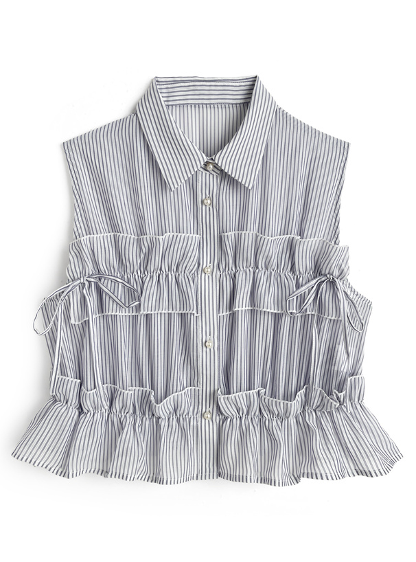 ストライプ柄フリルノースリーブシアーブラウス