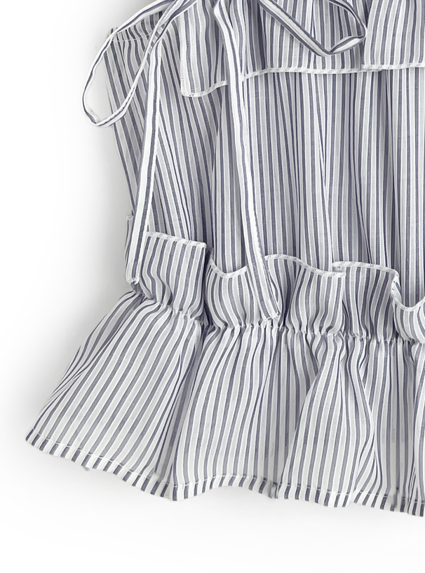 ストライプ柄フリルノースリーブシアーブラウス