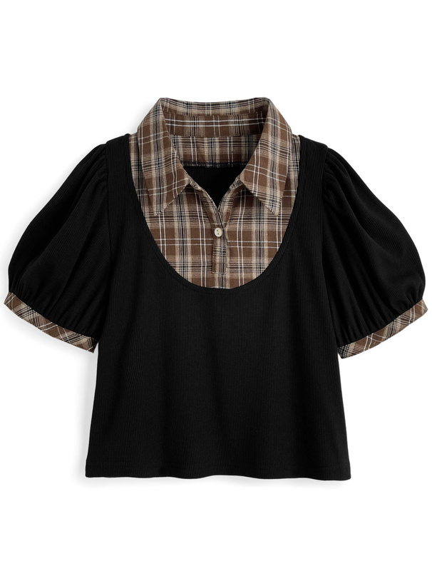 チェック柄シャツドッキングテレコトップス