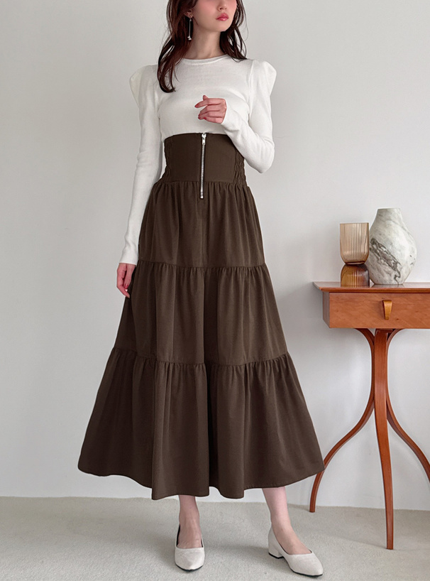 フロントジップ切替ティアードロングスカート[on373] | レディース