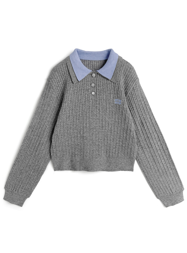 ダブルカラーケーブル編みニットトップス