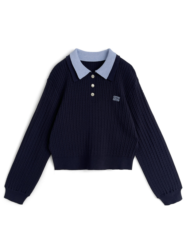 ダブルカラーケーブル編みニットトップス