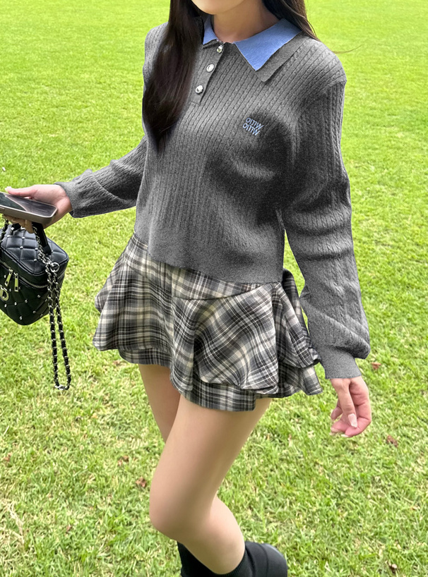 ダブルカラーケーブル編みニットトップス