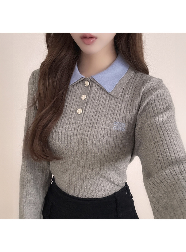 ダブルカラーケーブル編みニットトップス