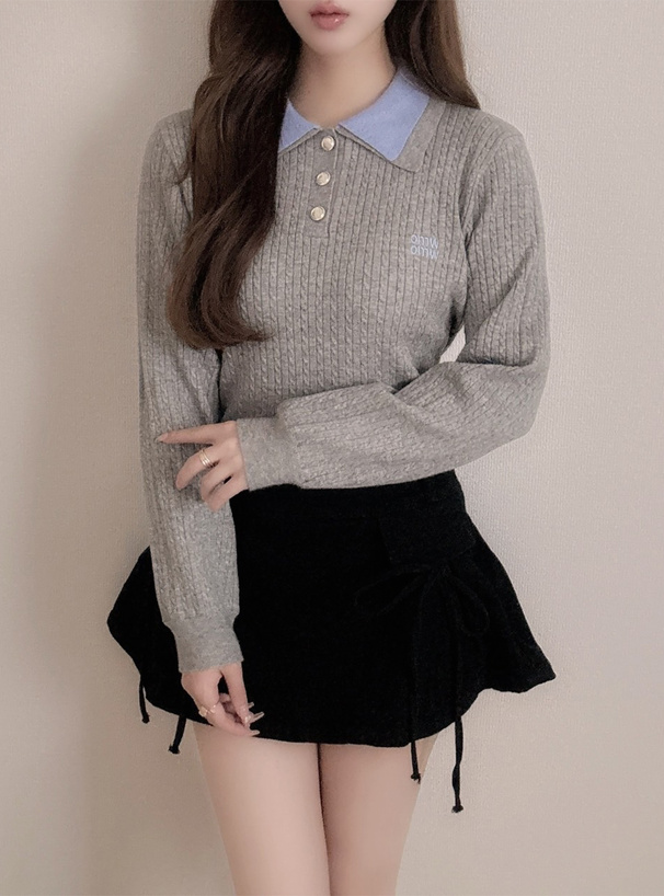 ダブルカラーケーブル編みニットトップス