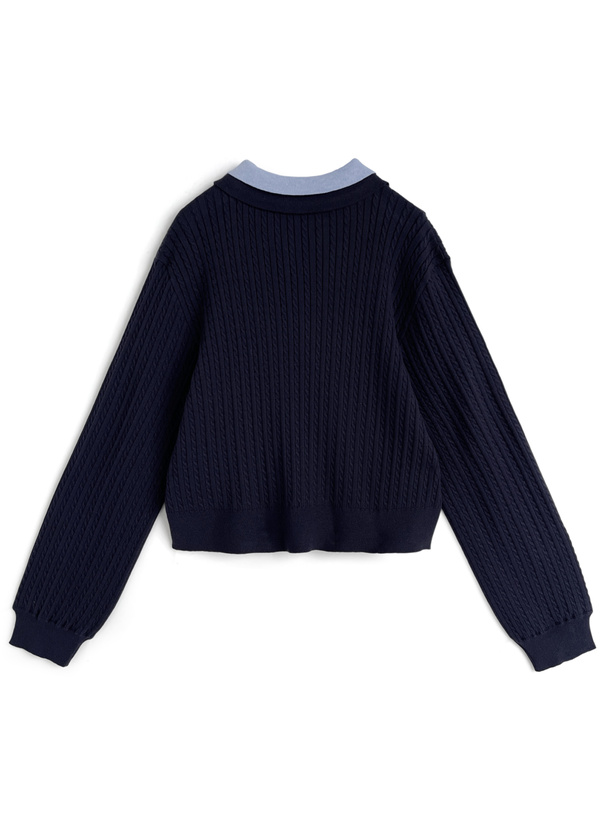 ダブルカラーケーブル編みニットトップス