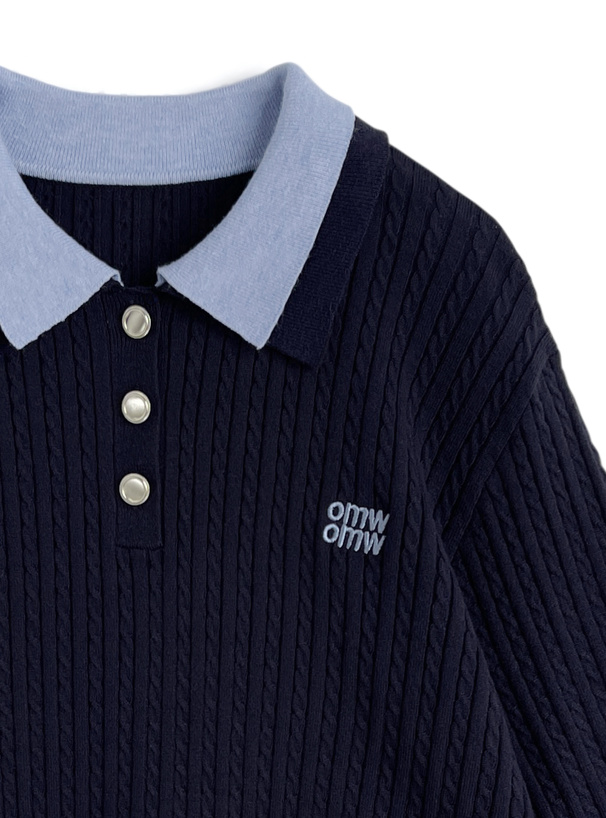 ダブルカラーケーブル編みニットトップス