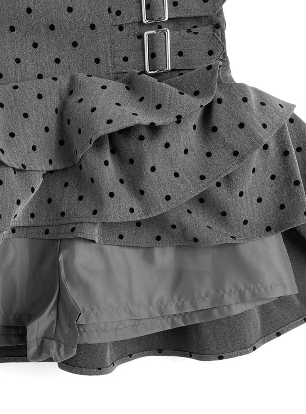 インパン裏地付きドット柄ベルトティアードフリルミニスカート