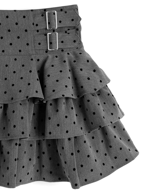 インパン裏地付きドット柄ベルトティアードフリルミニスカート
