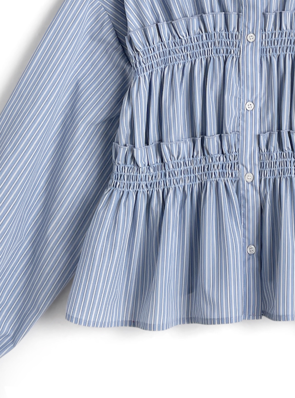 ストライプ柄シャーリングフリルブラウス