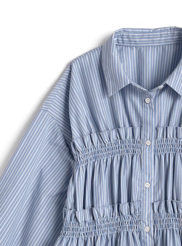 ストライプ柄シャーリングフリルブラウス