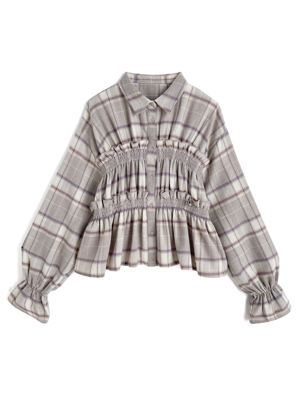 チェック柄シャーリングフリルブラウス