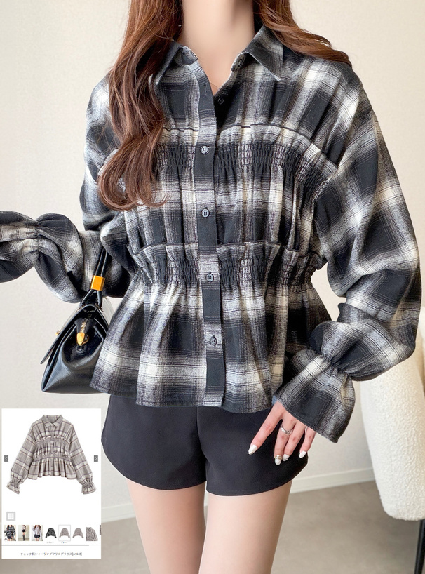 チェック柄シャーリングフリルブラウス