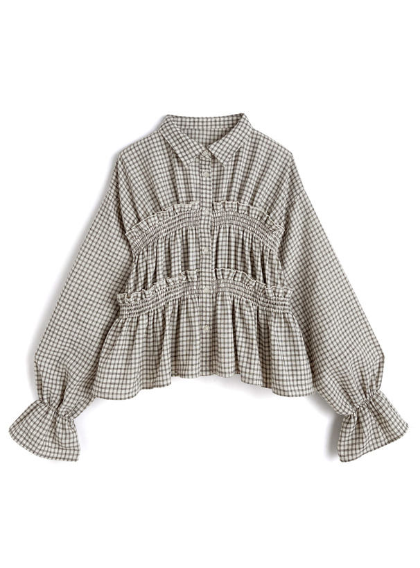 チェック柄シャーリングフリルブラウス