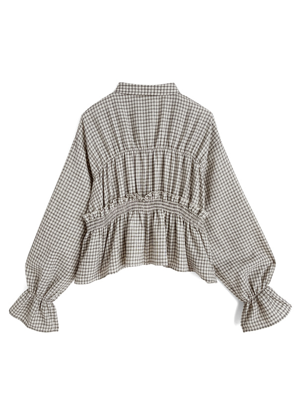 チェック柄シャーリングフリルブラウス