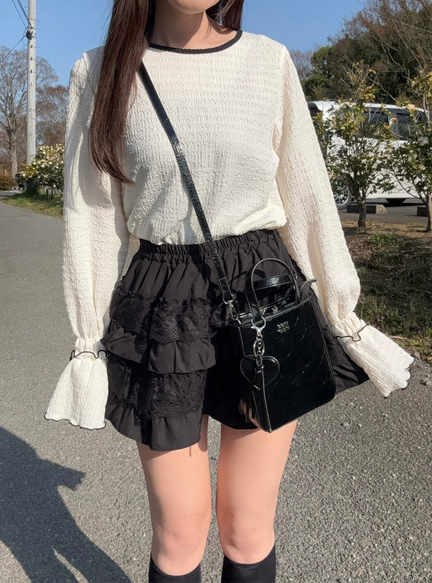 配色フリルスリーブジャガードトップス