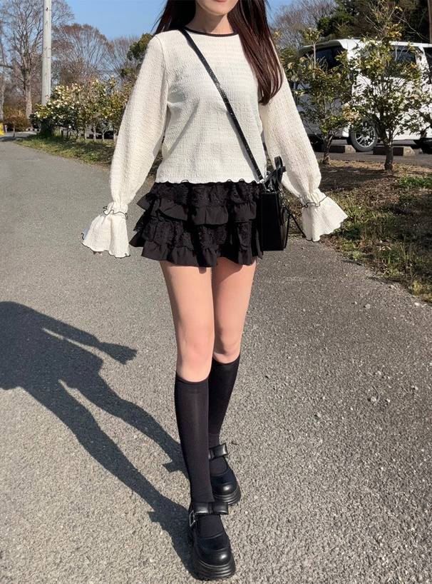 配色フリルスリーブジャガードトップス