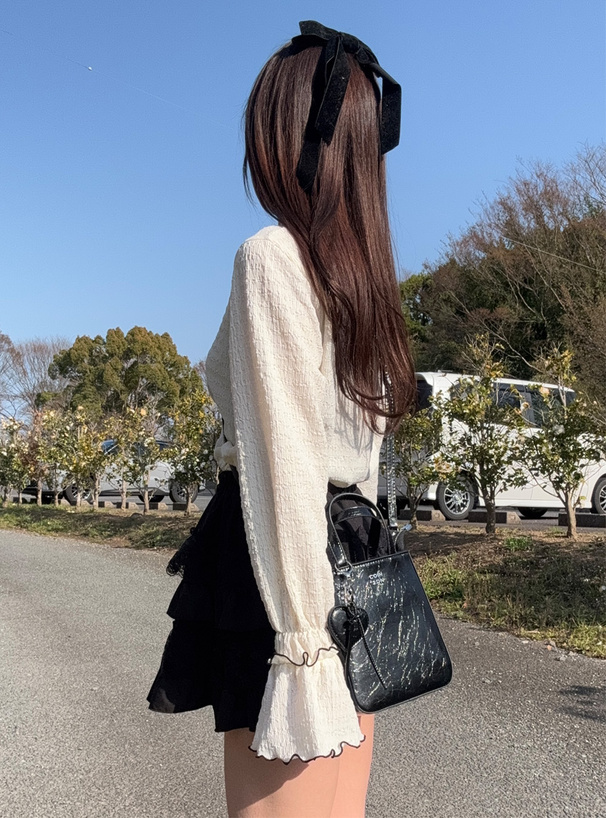 配色フリルスリーブジャガードトップス