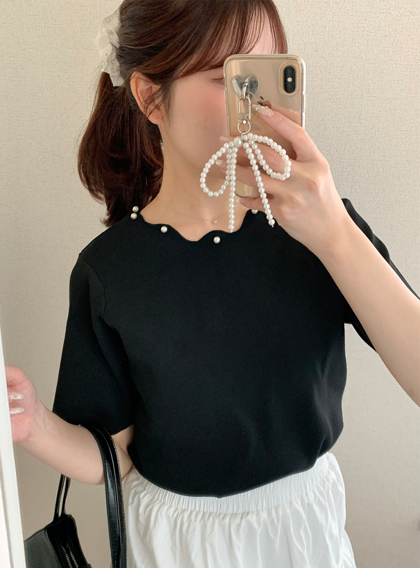 パールスカラップリブニットトップス