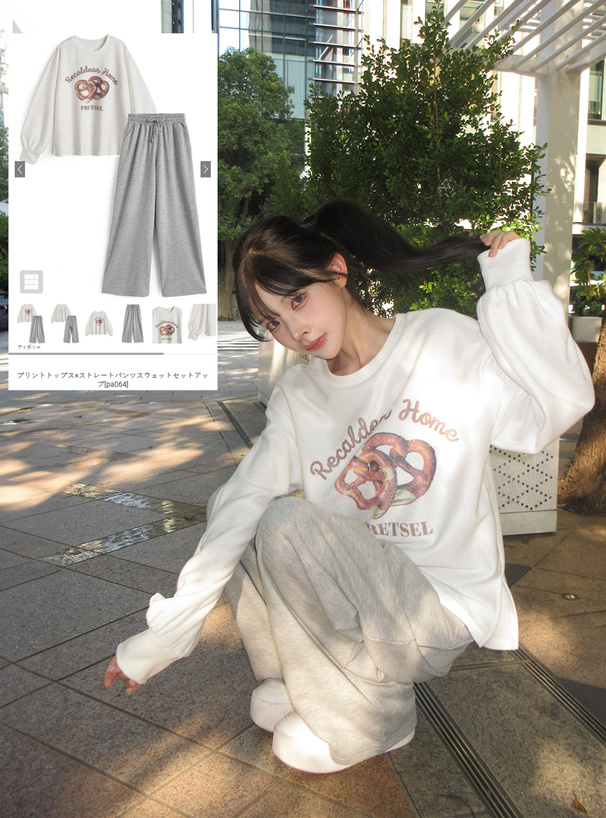 プリントトップス×ストレートパンツスウェットセットアップ[pa064