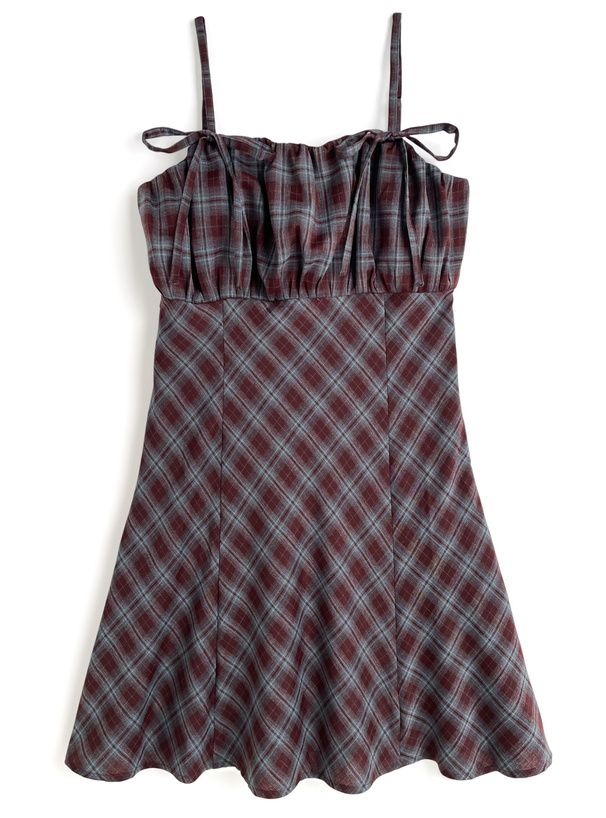 チェック柄ギャザーリボンキャミミニワンピース[pa065]
