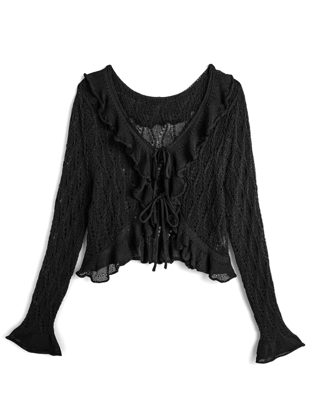 シャネル　フリルニット　カーディガン　04P 42 透かし編み　黒 シャネル フリルニット カーディガン 04P 42 透かし編み 黒