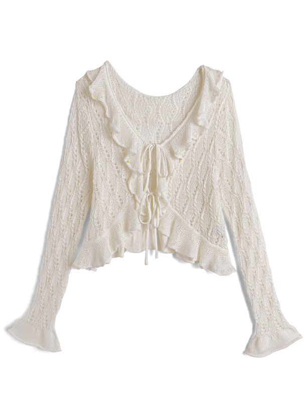 フリルリボン透かし編みニットカーディガン