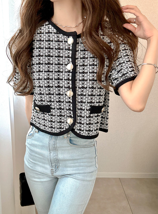 ゴールドボタンツイードニットカーディガン