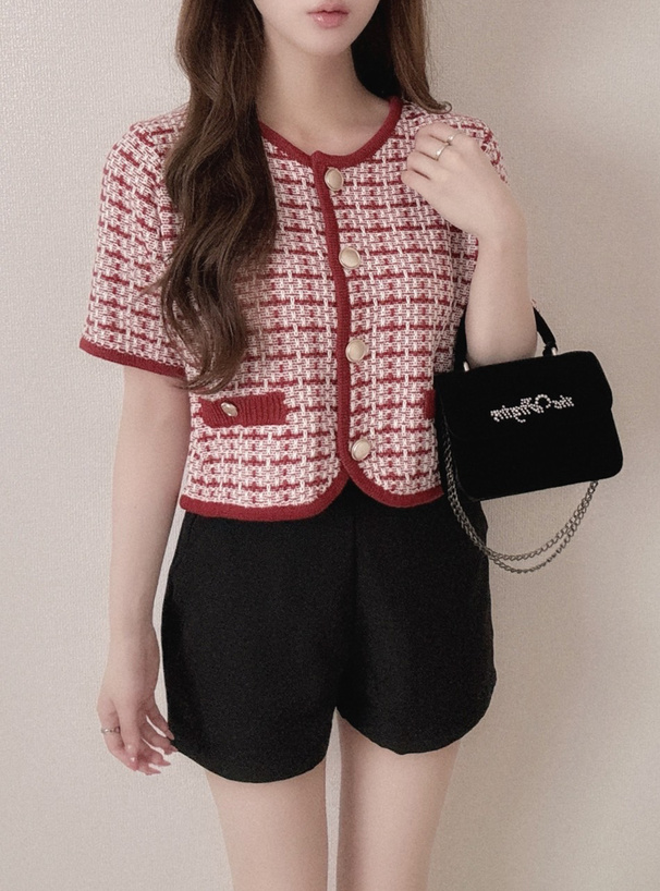 ゴールドボタンツイードニットカーディガン