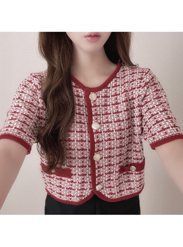 ゴールドボタンツイードニットカーディガン