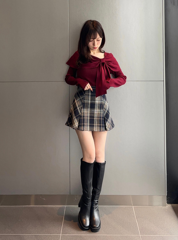 オフショルリボンニットトップス