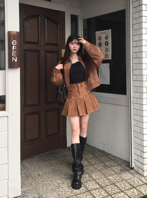 ダブルジップブルゾン×プリーツスカートスエードセットアップ[pa077