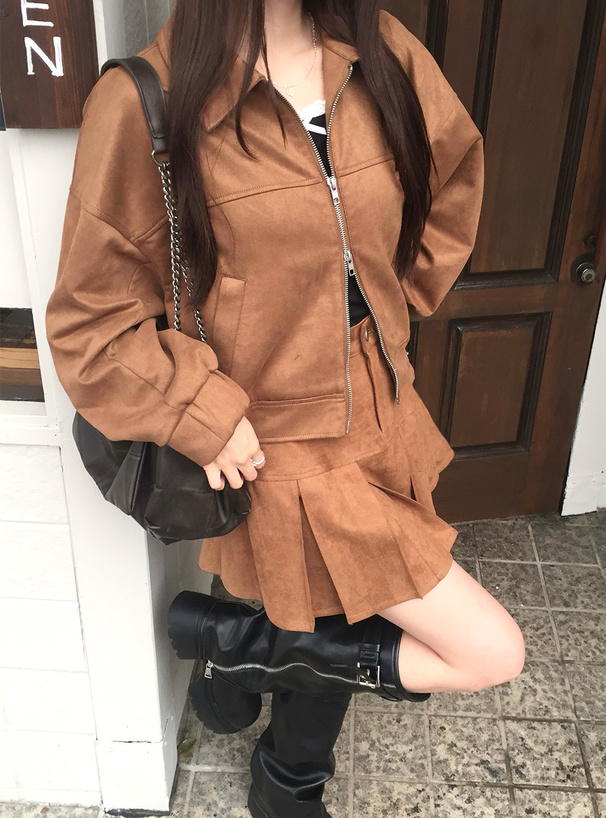 ダブルジップブルゾン×プリーツスカートスエードセットアップ[pa077