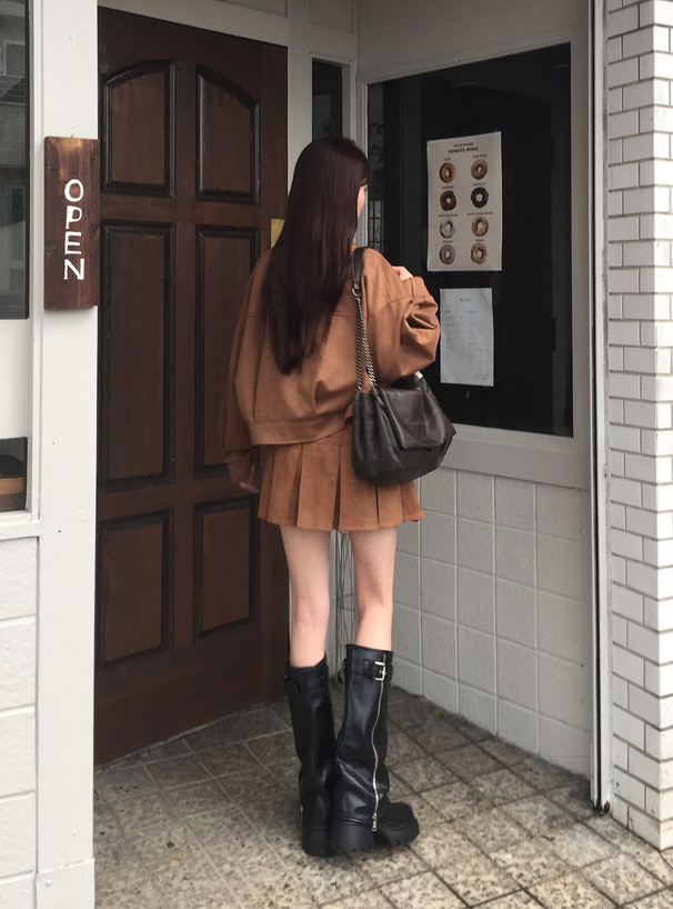 ダブルジップブルゾン×プリーツスカートスエードセットアップ[pa077