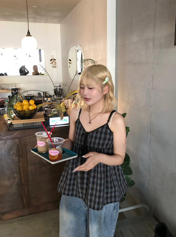 チェック柄リボンキャミソールチュニック