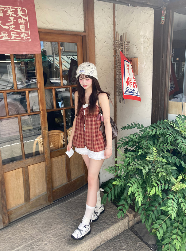 チェック柄リボンキャミソールチュニック