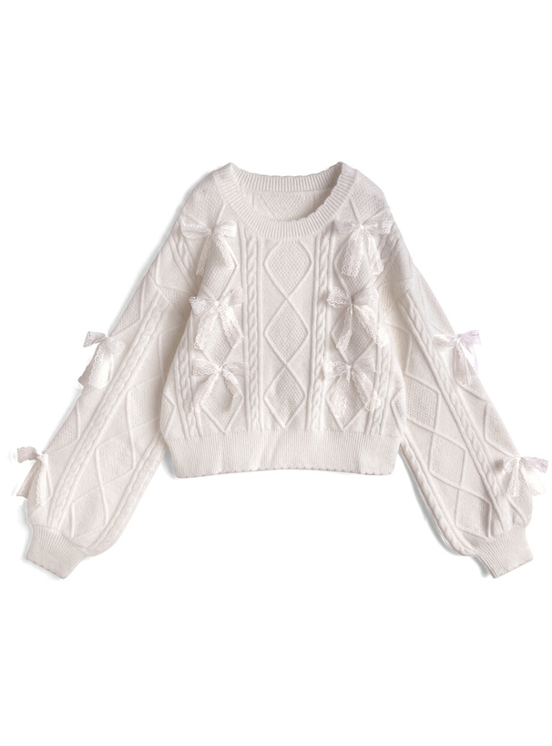 レースリボンケーブル編みニットトップス[pa084]