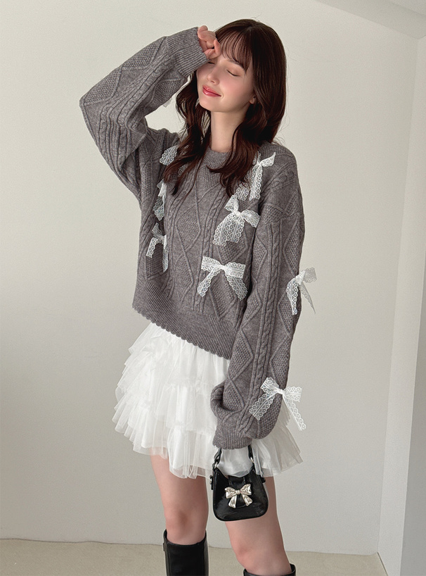 レースリボンケーブル編みニットトップス[pa084] | レディース